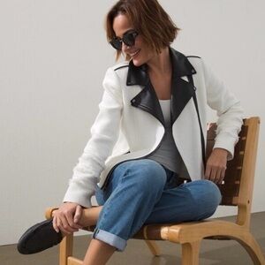 Chico's Tweed and Faux Leather Moto Jacket White Black Size 1 = Size 8/10 Medium